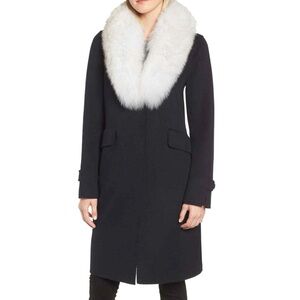 NWT Derek Lam 10 Crosby Dark‎ Navy Genuine Fox Fur Trim Wool Blend Coat Medium